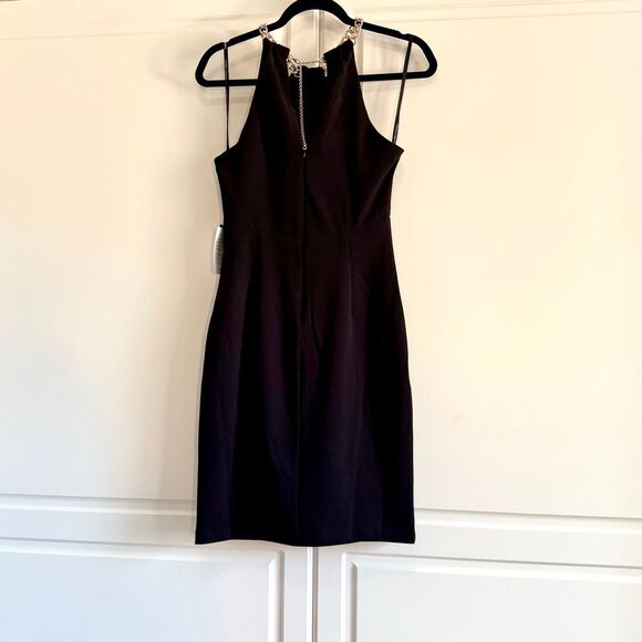 NWT Vince Camuto gold color chain halter neck mini cocktail dress in black Size - Picture 12 of 16